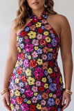 Floral Sparkly Black Tight Short Sequin Halter Backless Homecoming Dress