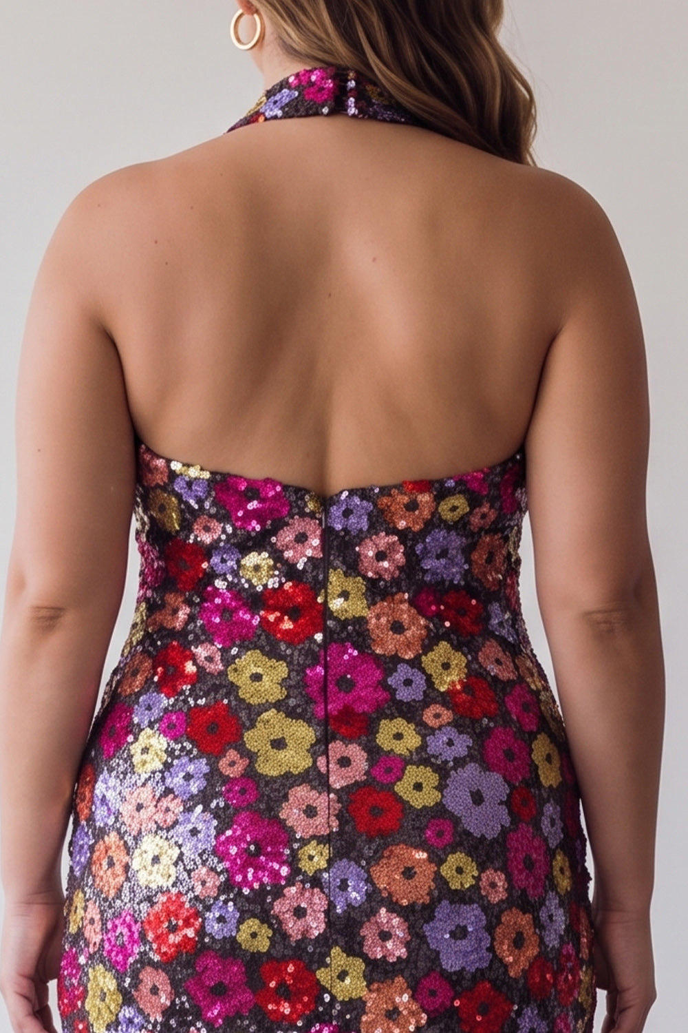 Floral Sparkly Black Tight Short Sequin Halter Backless Homecoming Dress