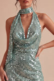 Sparkly Light Green Short Sequin Cowl Neck Tight Homecoming Dress
