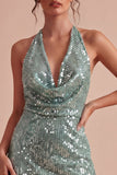 Sparkly Light Green Short Sequin Cowl Neck Tight Homecoming Dress