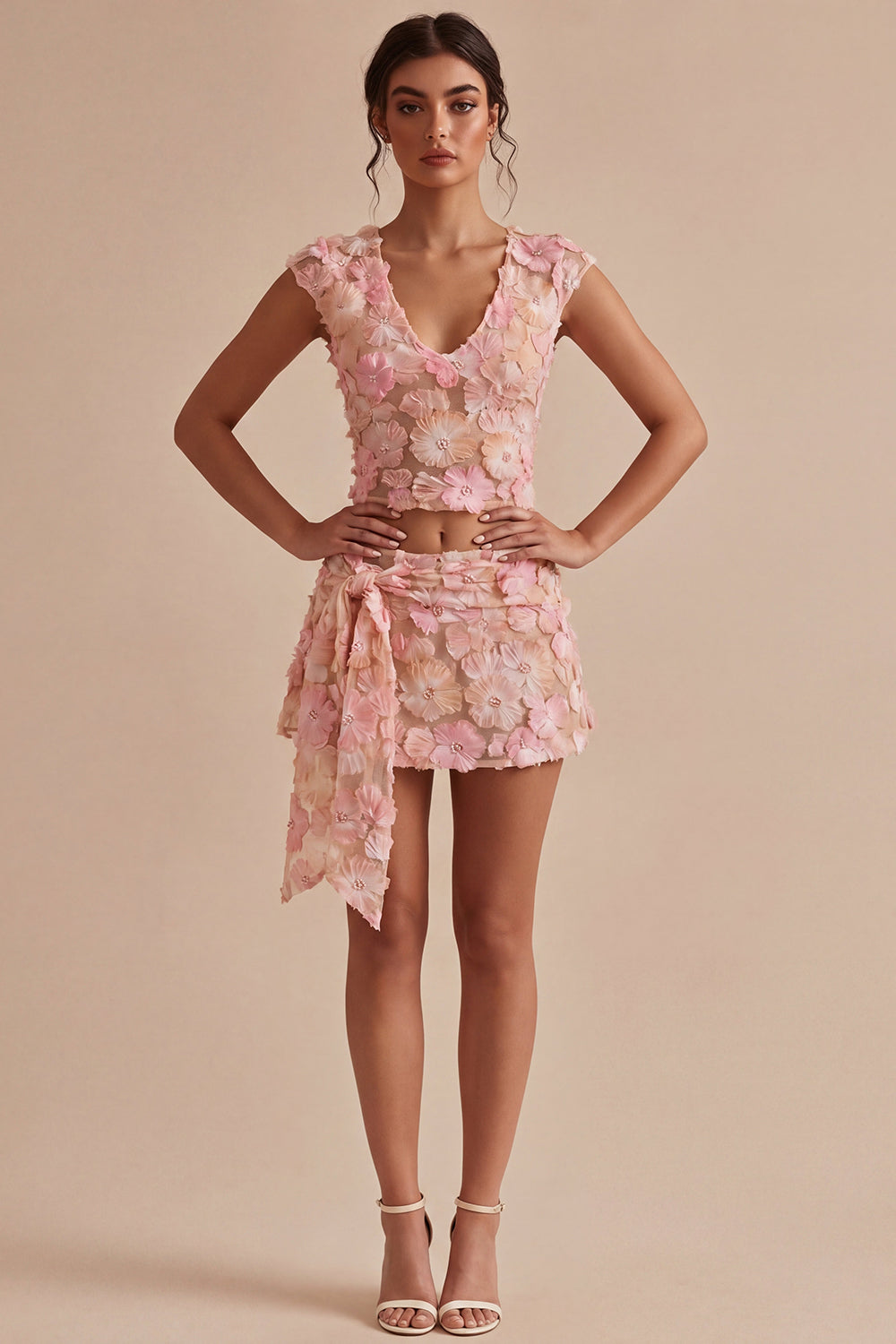 Floral V-Neck 2 Piece Pink Short Homecoming Dress with Sash