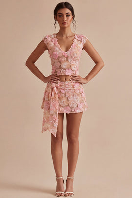 Floral V-Neck 2 Piece Pink Short Homecoming Dress with Sash