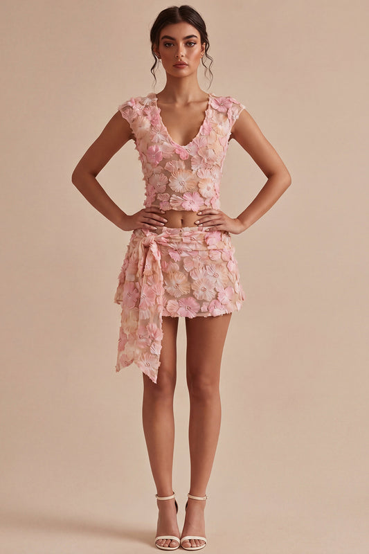 Floral V-Neck 2 Piece Pink Short Homecoming Dress with Sash
