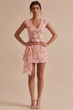 Floral V-Neck 2 Piece Pink Short Homecoming Dress with Sash
