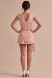 Floral V-Neck 2 Piece Pink Short Homecoming Dress with Sash