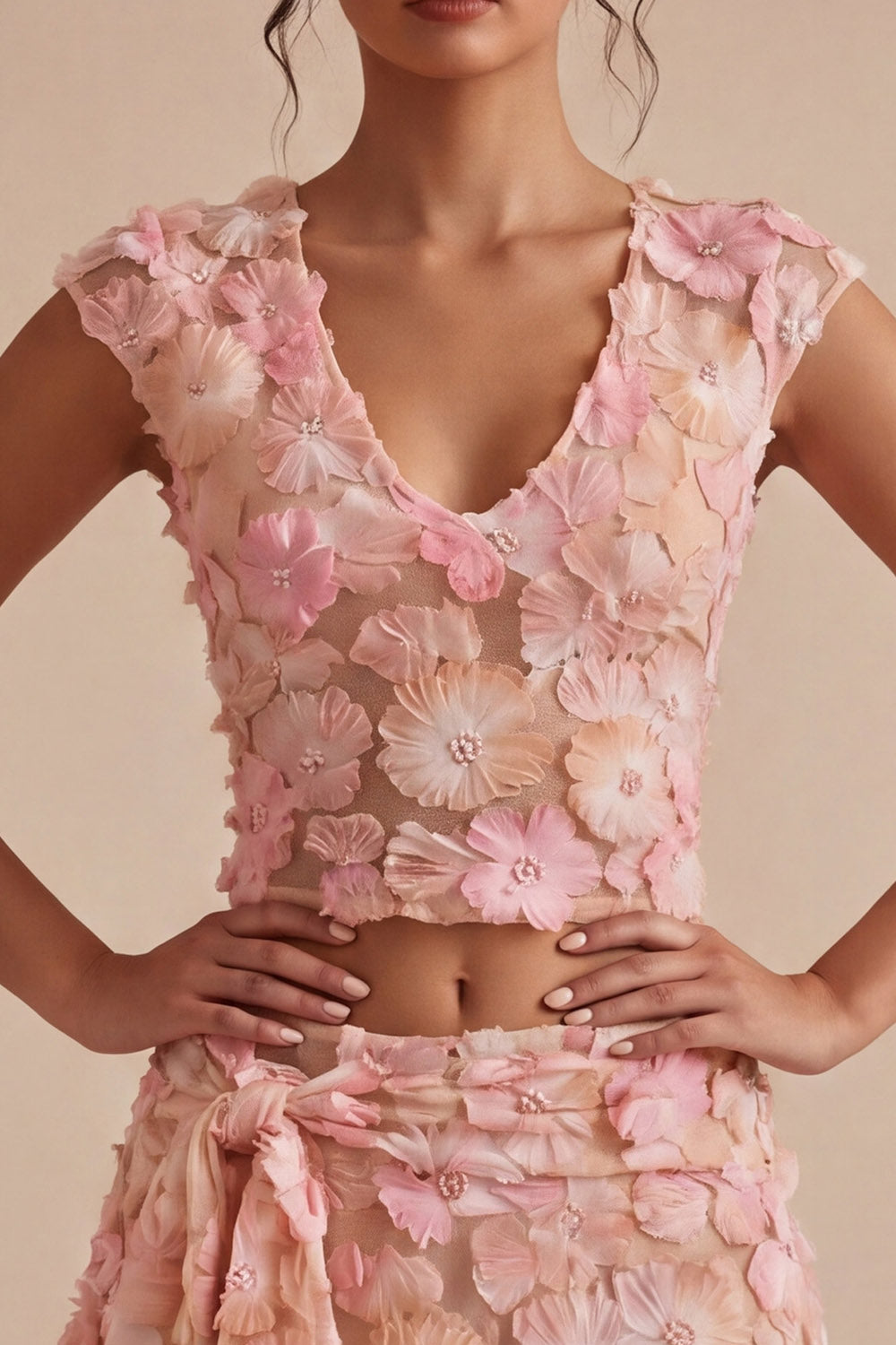Floral V-Neck 2 Piece Pink Short Homecoming Dress with Sash
