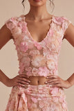 Floral V-Neck 2 Piece Pink Short Homecoming Dress with Sash