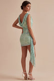 Sparkly Light Green Tight Short Sequin Cowl Neck Homecoming Dress with Sash