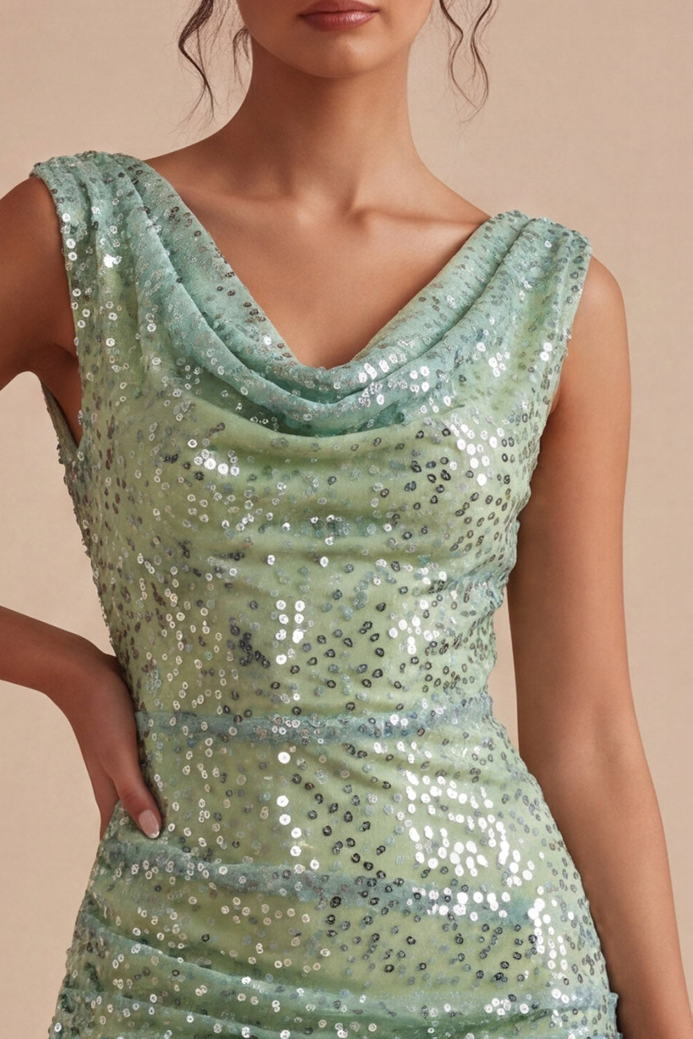 Sparkly Light Green Tight Short Sequin Cowl Neck Homecoming Dress with Sash