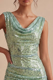 Sparkly Light Green Tight Short Sequin Cowl Neck Homecoming Dress with Sash