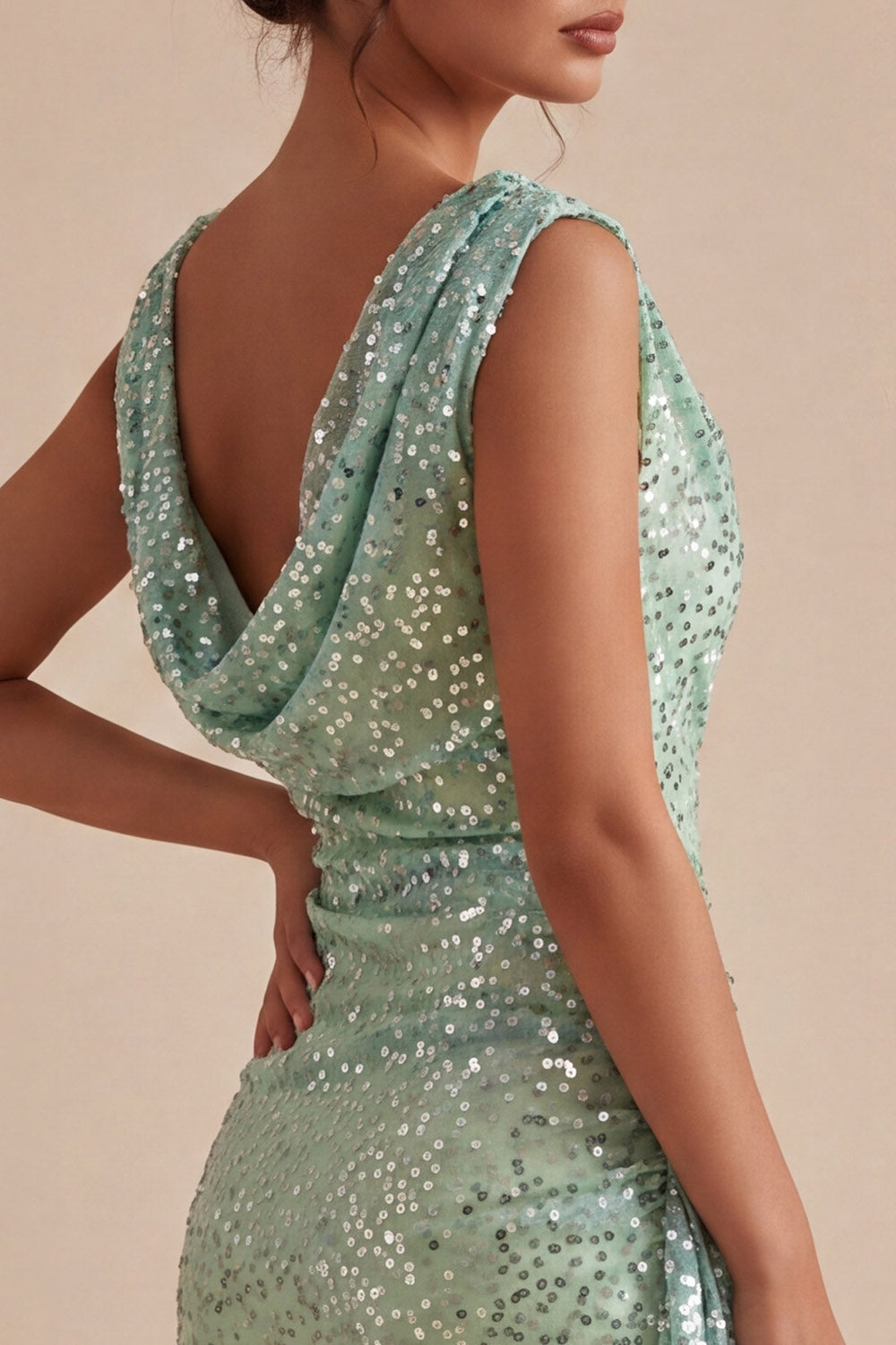 Sparkly Light Green Tight Short Sequin Cowl Neck Homecoming Dress with Sash
