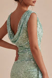 Sparkly Light Green Tight Short Sequin Cowl Neck Homecoming Dress with Sash
