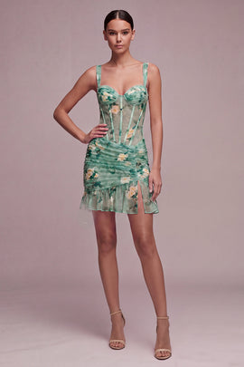 Light Green Floral Short Corset Tight Homecoming Dress with Ruffles