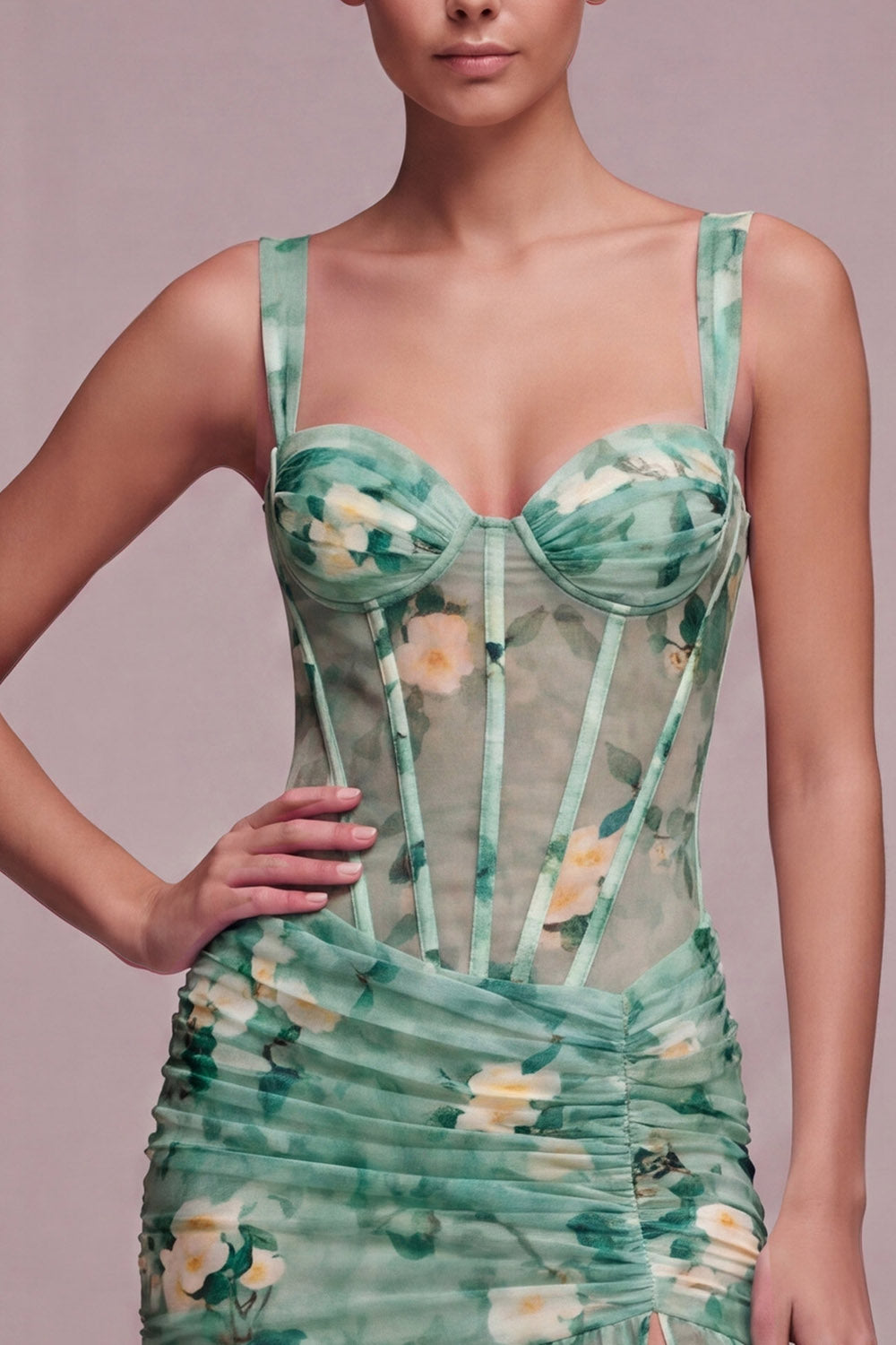 Light Green Floral Short Corset Tight Homecoming Dress with Ruffles
