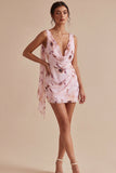 Floral Cowl Neck Pink Tight Short Ruched Homecoming Dress with Sash