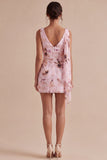 Floral Cowl Neck Pink Tight Short Ruched Homecoming Dress with Sash