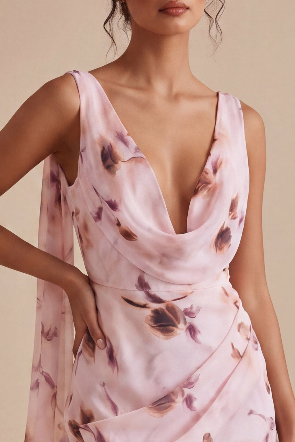 Floral Cowl Neck Pink Tight Short Ruched Homecoming Dress with Sash