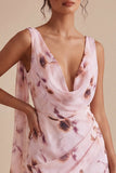 Floral Cowl Neck Pink Tight Short Ruched Homecoming Dress with Sash