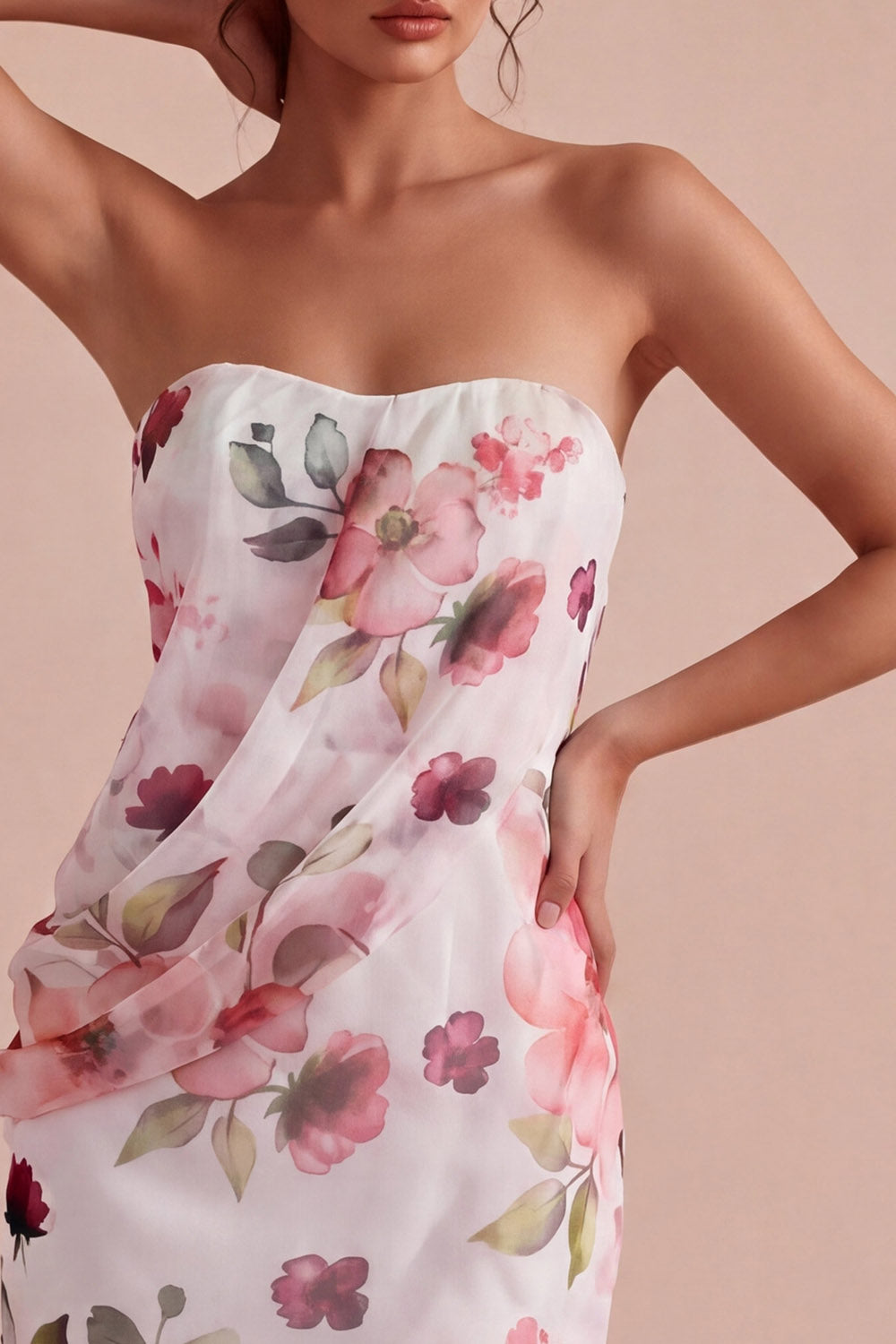 Strapless Pink Flower Tight Short Ruched Homecoming Dress with Slit