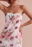 Strapless Pink Flower Tight Short Ruched Homecoming Dress with Slit