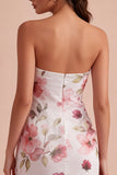 Strapless Pink Flower Tight Short Ruched Homecoming Dress with Slit