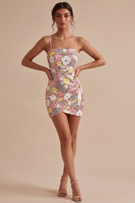 Sparkly Pink Floral Tight Short Spaghetti Straps Sequin Homecoming Dress