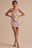 Sparkly Pink Floral Tight Short Spaghetti Straps Sequin Homecoming Dress