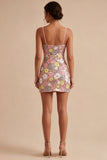 Sparkly Pink Floral Tight Short Spaghetti Straps Sequin Homecoming Dress