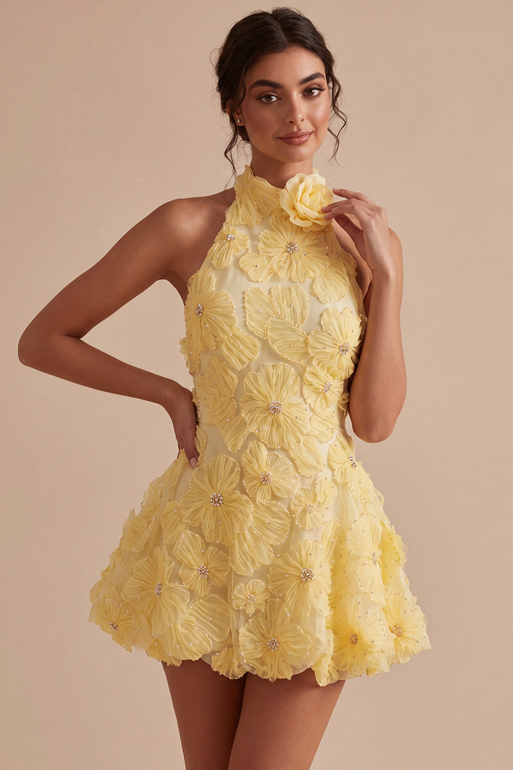 Zapaka Women Daffodil Homecoming Dress with Beading A-Line Floral Halter Neck Cocktail Dress, Daffodil / US4