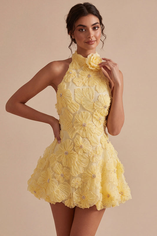 Floral Halter A Line Daffodil Short Backless Homecoming Dress with Beading