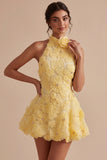 Floral Halter A Line Daffodil Short Backless Homecoming Dress with Beading