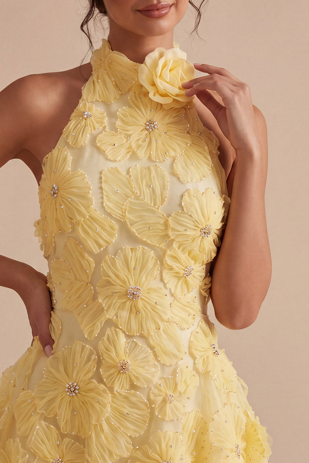 Floral Halter A Line Daffodil Short Backless Homecoming Dress with Beading