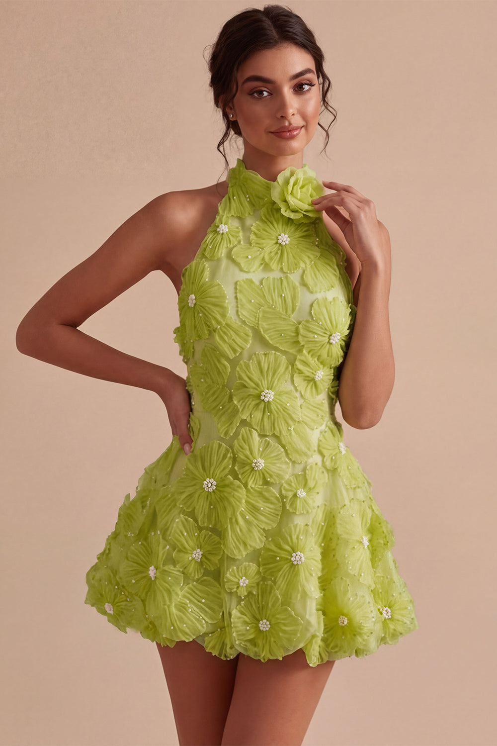 Floral Halter A Line Daffodil Short Backless Homecoming Dress with Beading