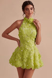Floral Halter A Line Daffodil Short Backless Homecoming Dress with Beading
