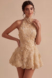 Floral Halter A Line Daffodil Short Backless Homecoming Dress with Beading