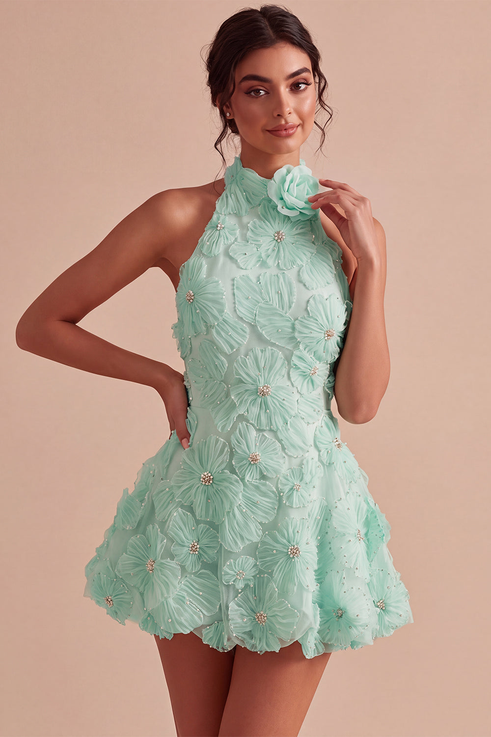 Floral Halter A Line Daffodil Short Backless Homecoming Dress with Beading