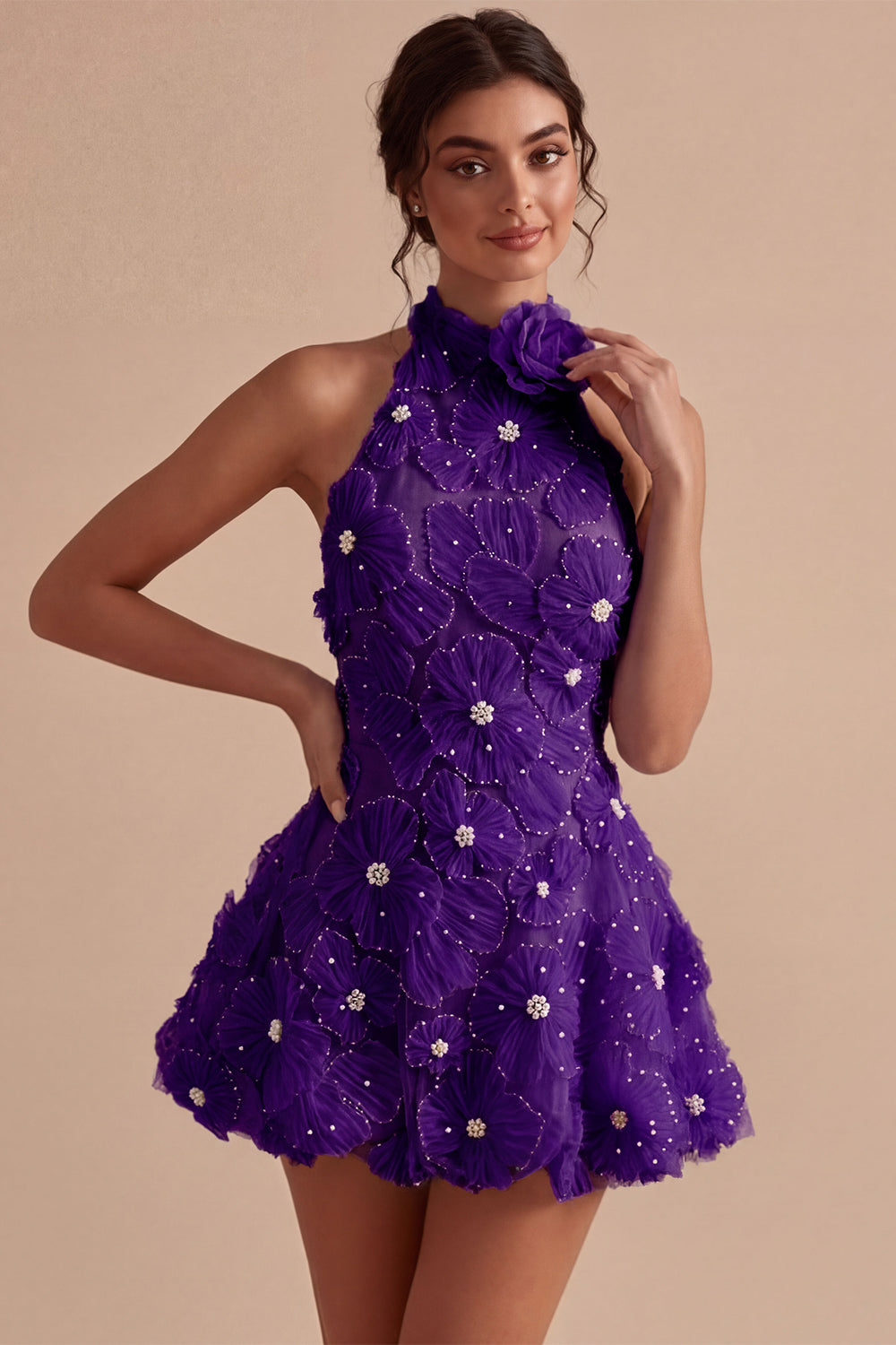 Floral Halter A Line Daffodil Short Backless Homecoming Dress with Beading