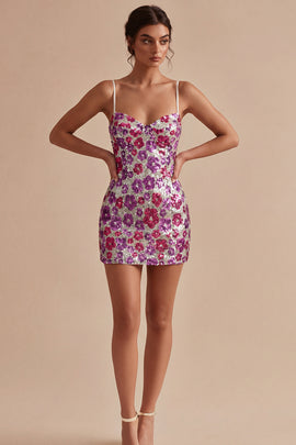 Floral Sparkly Silver Tight Short Sequin Spaghetti Straps Homecoming Dress