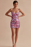 Floral Sparkly Silver Tight Short Sequin Spaghetti Straps Homecoming Dress