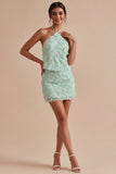 Floral Mint Green 2 Piece Halter Short Tight Homecoming Dress