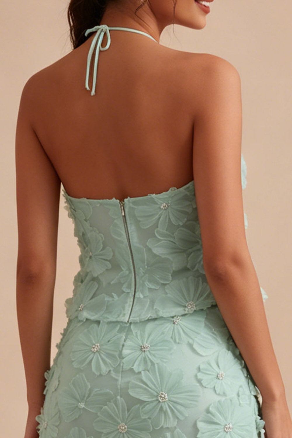 Floral Mint Green 2 Piece Halter Short Tight Homecoming Dress