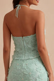 Floral Mint Green 2 Piece Halter Short Tight Homecoming Dress