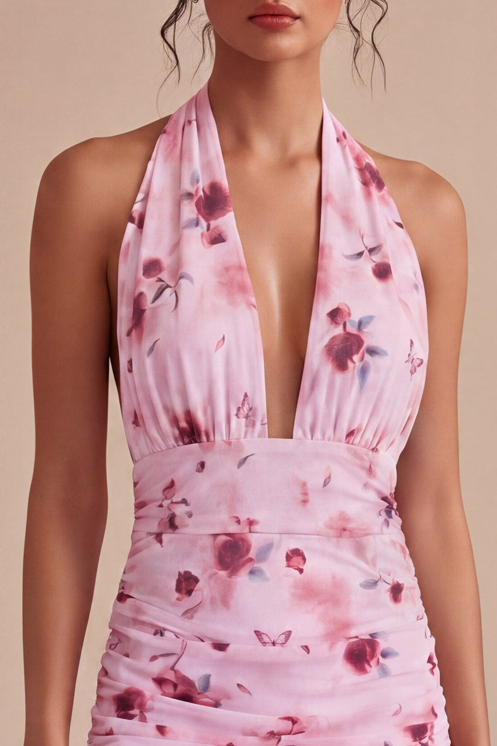 Floral Halter Pink Tight Short Ruched Homecoming Dress with Bow
