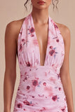 Floral Halter Pink Tight Short Ruched Homecoming Dress with Bow
