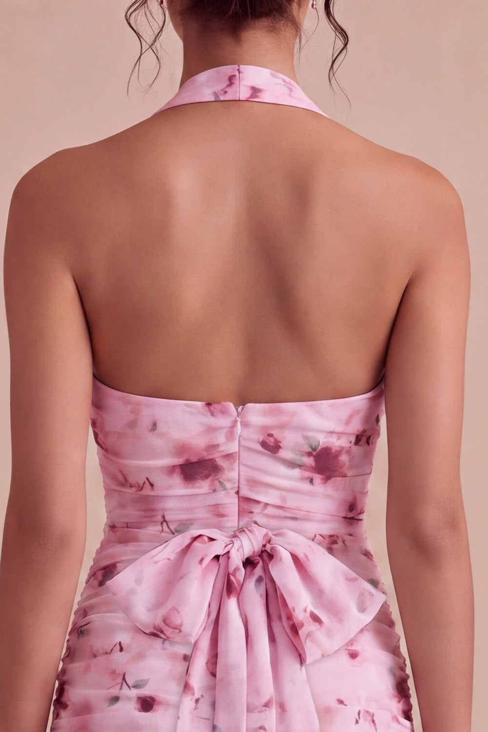 Floral Halter Pink Tight Short Ruched Homecoming Dress with Bow