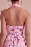 Floral Halter Pink Tight Short Ruched Homecoming Dress with Bow