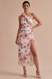 Pink Flower One Shoulder Keyhole Mermaid Long Formal Dress with Slit