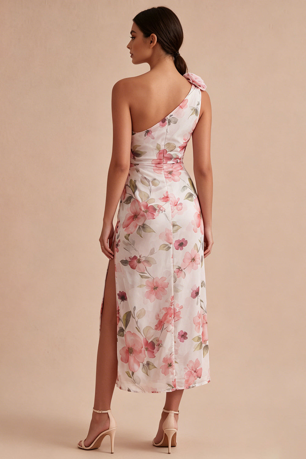 Pink Flower One Shoulder Keyhole Mermaid Long Formal Dress with Slit