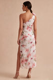 Pink Flower One Shoulder Keyhole Mermaid Long Formal Dress with Slit