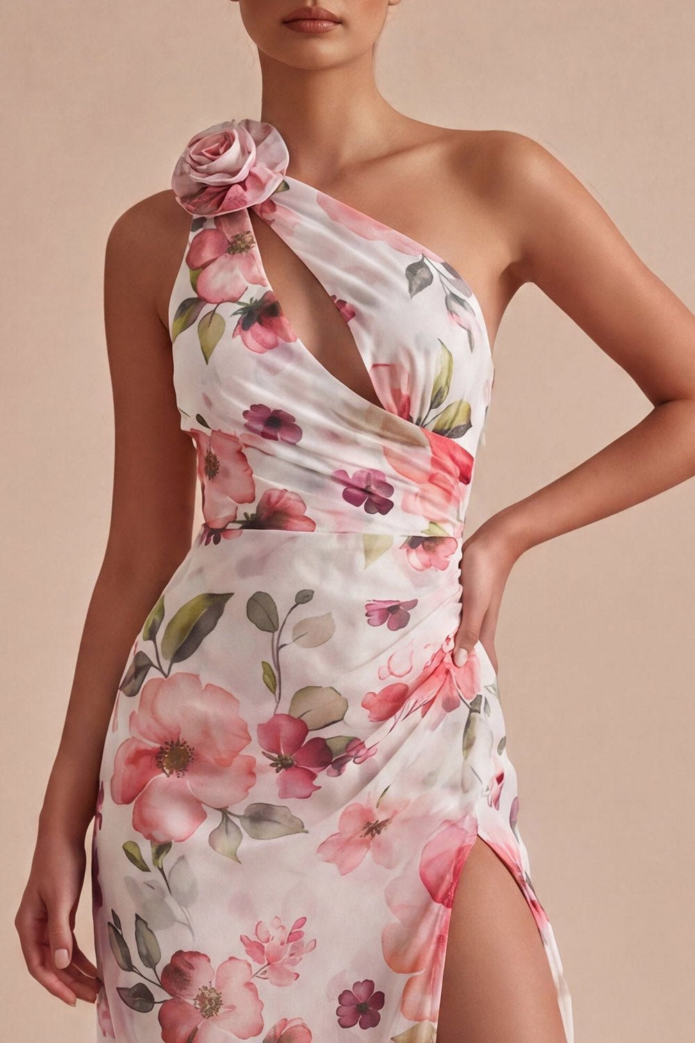 Pink Flower One Shoulder Keyhole Mermaid Long Formal Dress with Slit